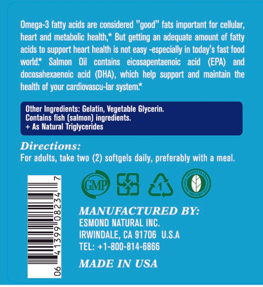 Salmon Oil 1000mg (Providing 210mg Omega-3s, Promotes Heart Health), USA, FDA, GMP, NPAC-1000mg, 90 Softgels
