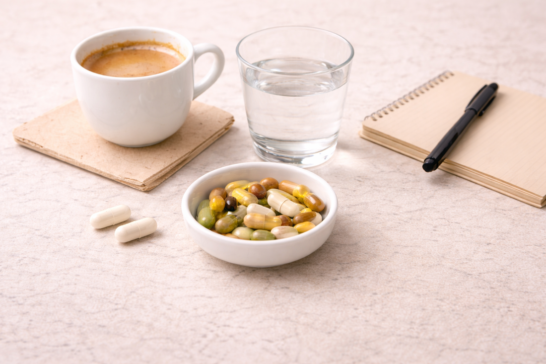 Morning wellness routine with supplements, water, and natural light emphasizing consistency in daily habits.