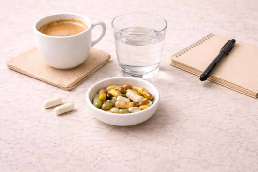 Morning wellness routine with supplements, water, and natural light emphasizing consistency in daily habits.