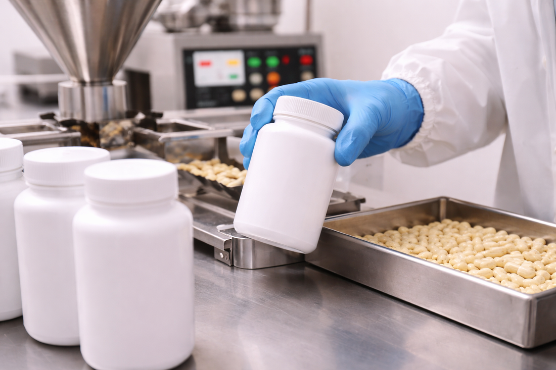 Clean supplement manufacturing environment representing GMP quality standards and production processes.