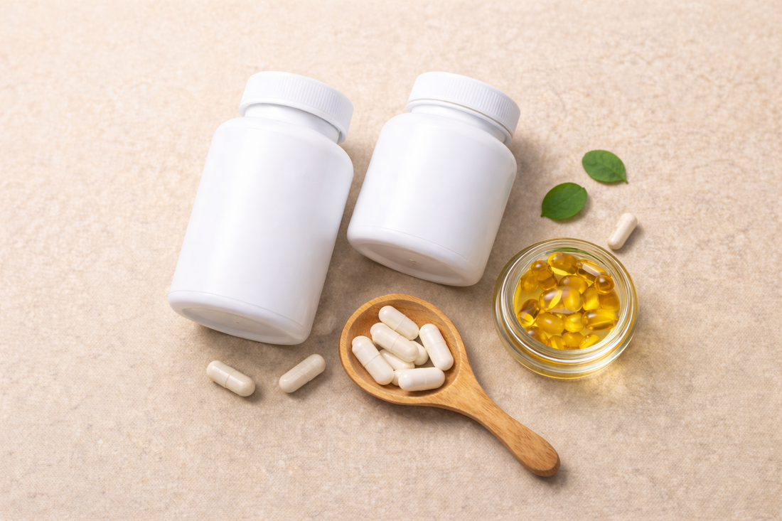 Minimal flat lay of premium supplement bottles on a neutral background representing high-quality supplements.