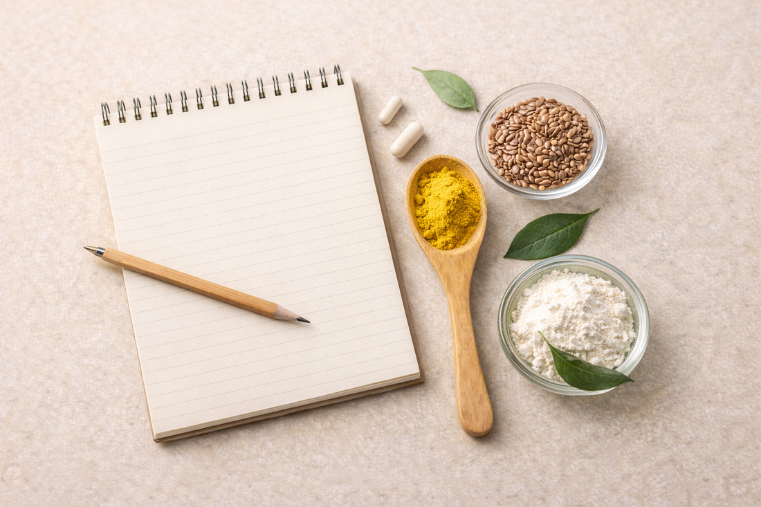 Clean arrangement of supplement ingredients and capsules highlighting ingredient transparency and clarity.