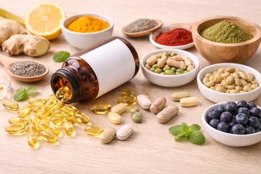 Minimal supplement flat lay on a neutral surface representing simplicity in formulation and design.