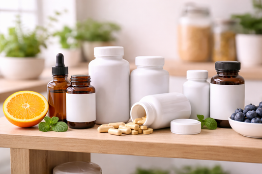 Minimal wellness setup with supplements and everyday items showing a simple, approachable routine.