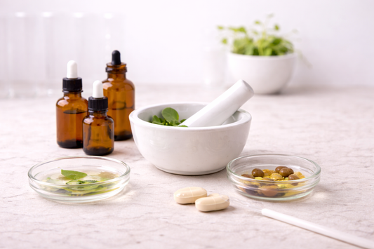 Clean supplement formulation workspace with natural ingredients representing thoughtful product development.