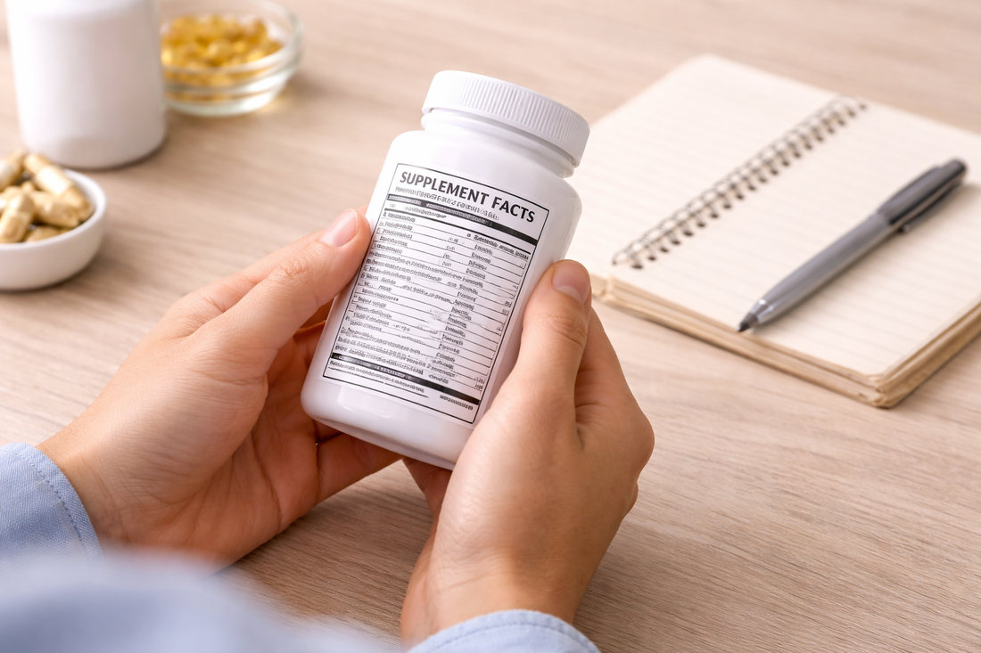 Close-up of hands reading a supplement label with a notebook, representing education and label clarity.
