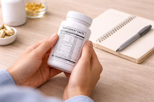 Close-up of hands reading a supplement label with a notebook, representing education and label clarity.