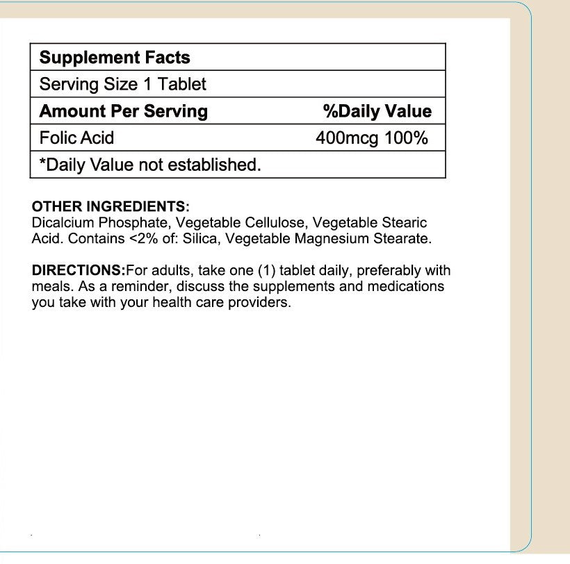 Folic Acid 400mcg (Pregnancy Support, Maintain Health Functions), USA, FDA, GMP, NPAC-400mcg, 60 Tablets