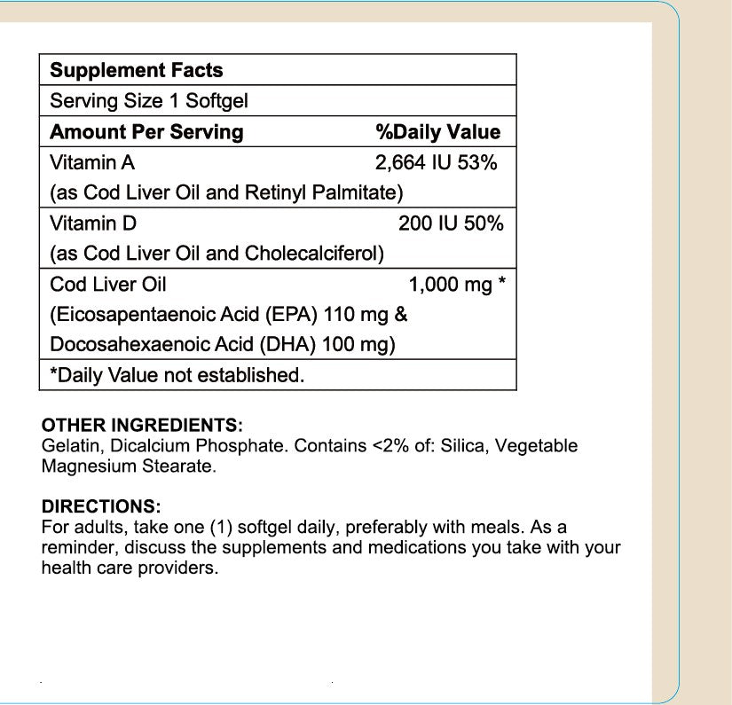 Cod Liver Oil (Omega-3, Maintain Health, Regulate Physical Function), USA, FDA, GMP, NPAC-1000mg, 60 Softgels