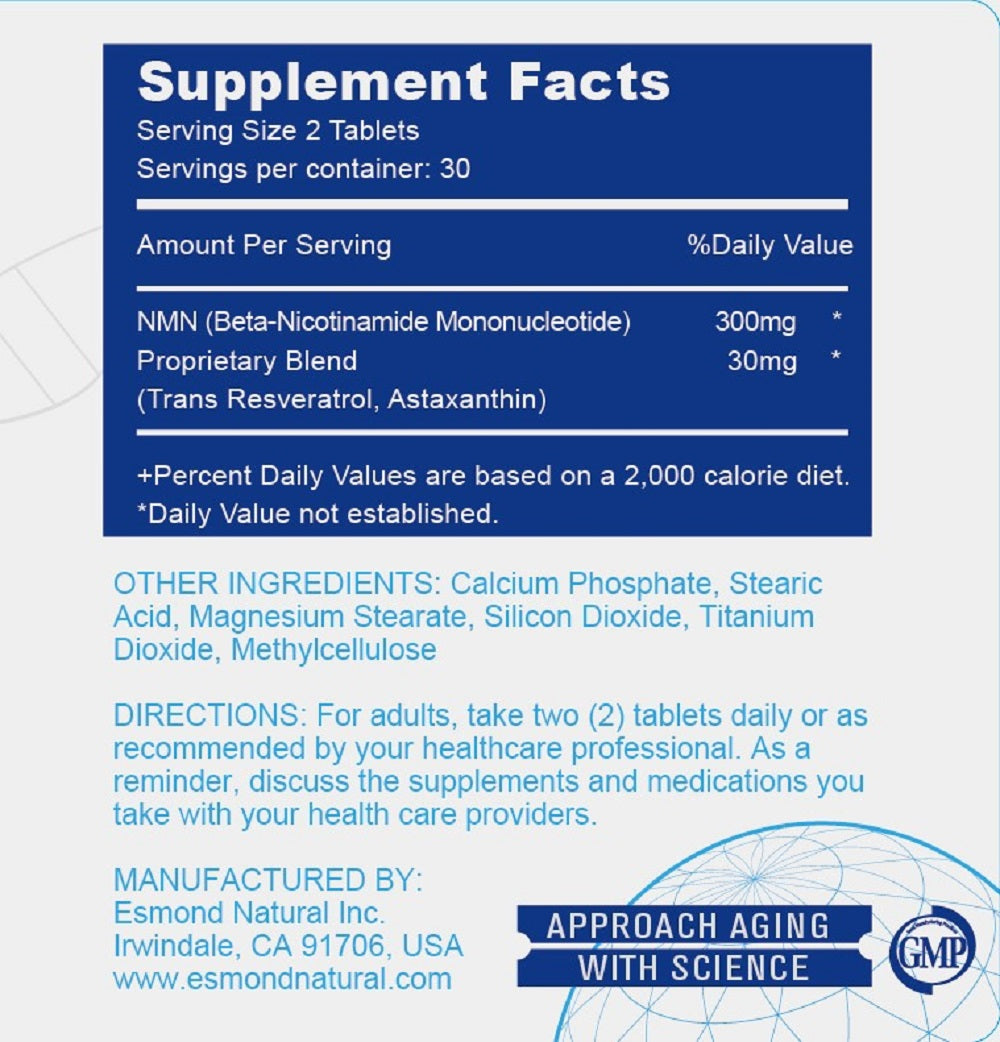 NMN Plus (Changes The Way You Age, 300mg NMN+30mg Trans Resveratrol, Total 9000mg Beta-NMN), USA, FDA, GMP, NPAC-330mg, 60 Tablets