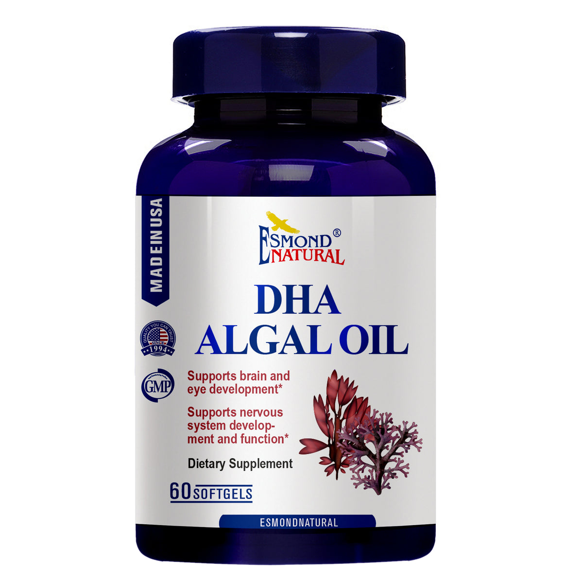 DHA Algal Oil (Made with Onavita Oil. 40% Docosahexaenoic Acid. Supports brain, eye and nervous system), USA, FDA, GMP, NPAC-500mg, 60 Softgels