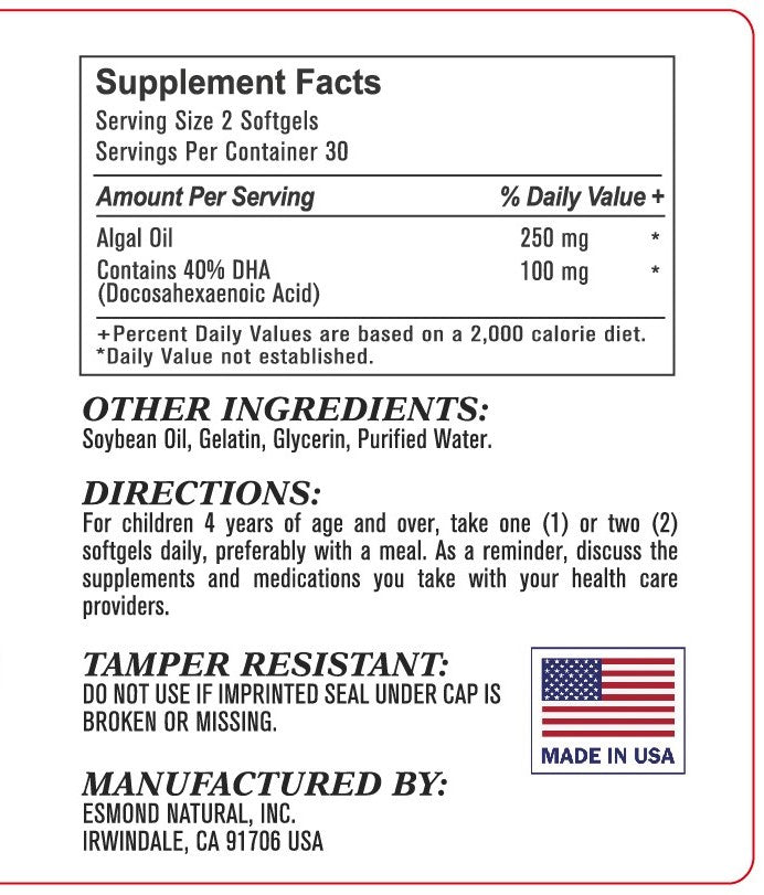 DHA Algal Oil (Made with Onavita Oil. 40% Docosahexaenoic Acid. Supports brain, eye and nervous system), USA, FDA, GMP, NPAC-500mg, 60 Softgels