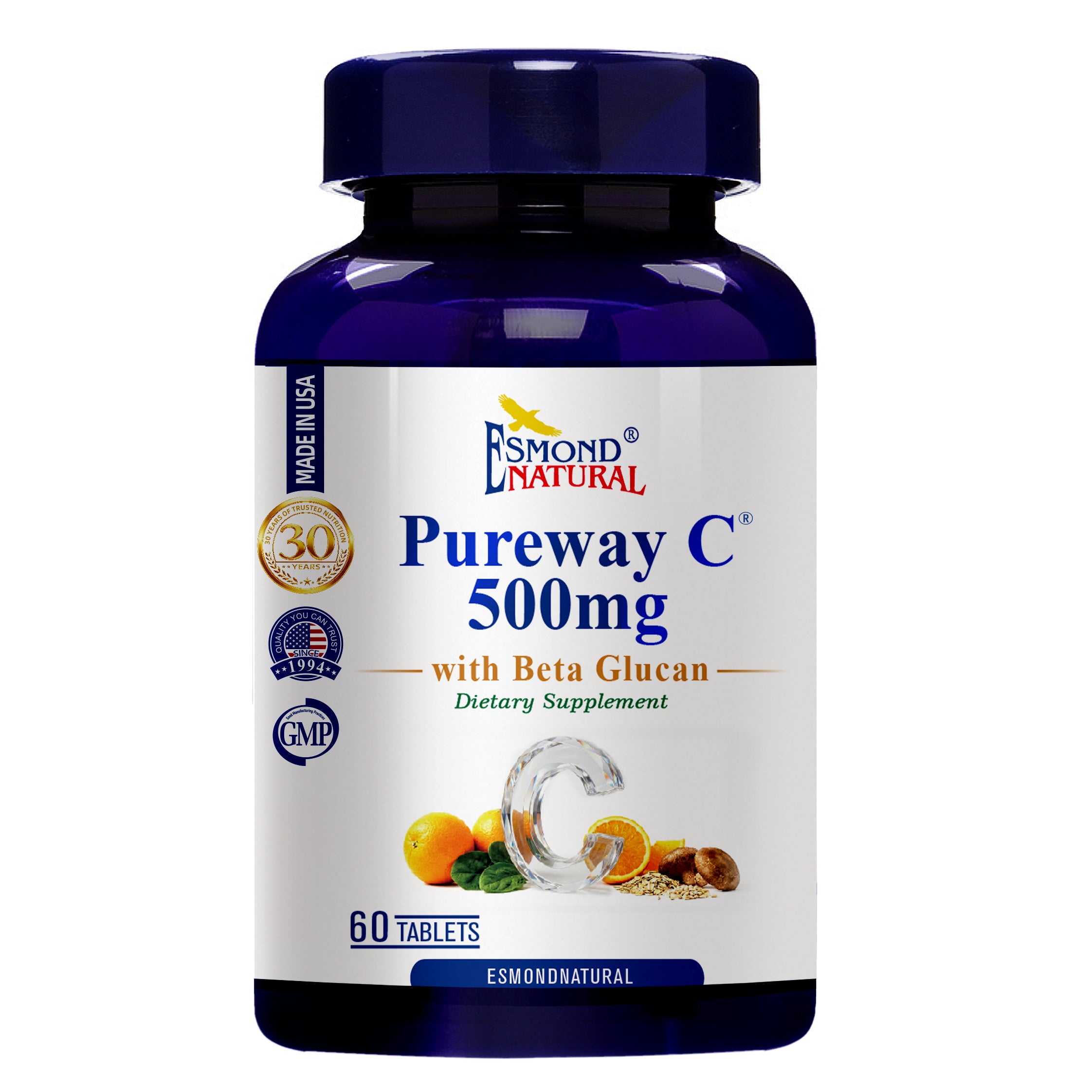Pureway C with Beta Glucan (500mg with Beta Glucan – Vitamin C Supplement with Citrus Bioflavonoids & Calcium – Immune & Antioxidant Support), USA, FDA, GMP, NPAC-60 Tablets